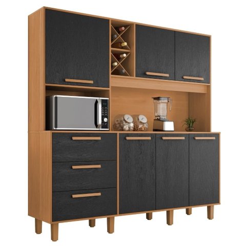 Kit Cozinha 6 Portas 3 Gavetas 182 cm Mari Cinamomo Preto Zanz