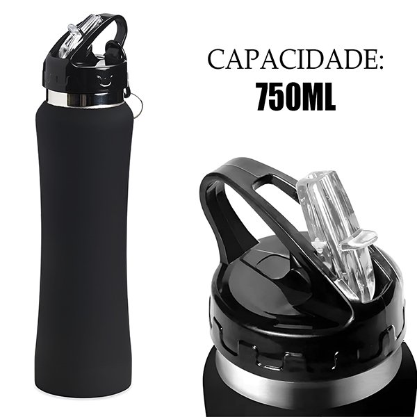 Garrafa Preta com Dupla Camada Térmica Quente e Frio Aço Inox 750ml Vedação a Vácuo