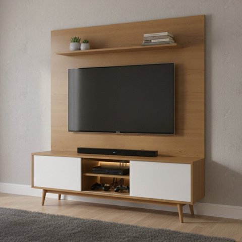 Rack com Painel para TV até 75 Polegadas Pés em Madeira Maciça MDF 210cmx180cm Origem Marrom