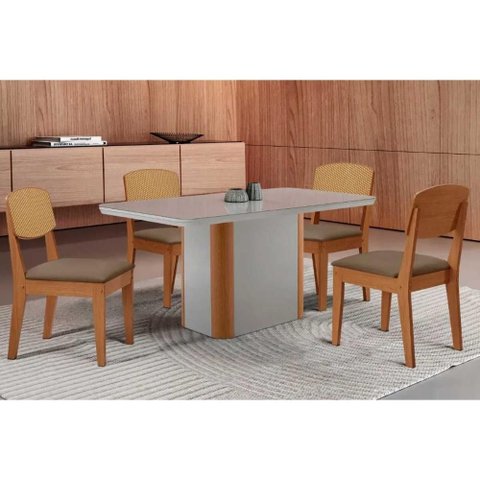 Conjunto Mesa Pietá c/ Tampo Madeirado c/ Vidro Canto Curvo 120x80cm e 4 Cadeiras Havana Premium