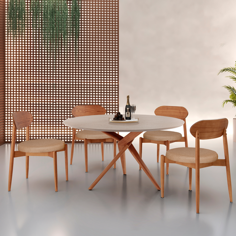 Conjunto Sala de Jantar Mesa 135cm Tampo Redondo Texturizado e 4 Cadeiras Hope Marrom/Palha/Imbuia/o