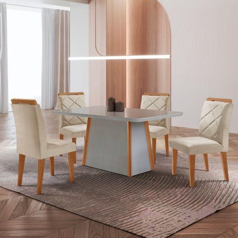 Mesa de Jantar Diane e 4 Cadeiras Melissa Moderna M... Veludo Creme/off//serig Off com Vidro