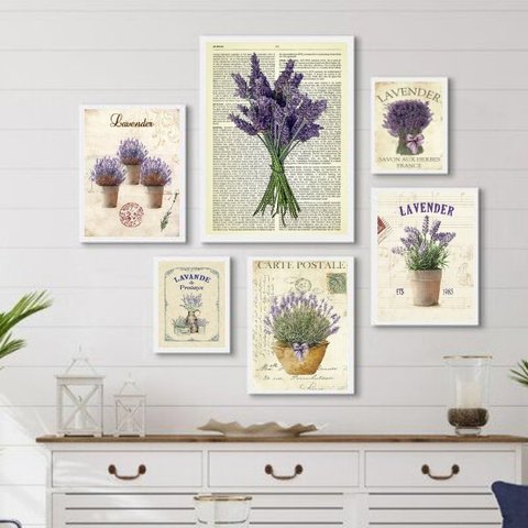 Kit Composição 6 Quadros Lavanda Provençal:madeira Preta