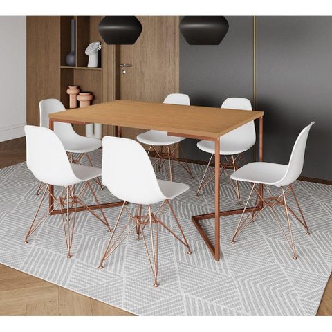 Mesa Jantar Industrial Retangular 137X90Cm Canela Base V Com 6 Cadeiras Brancas Base Co Cor: Canela