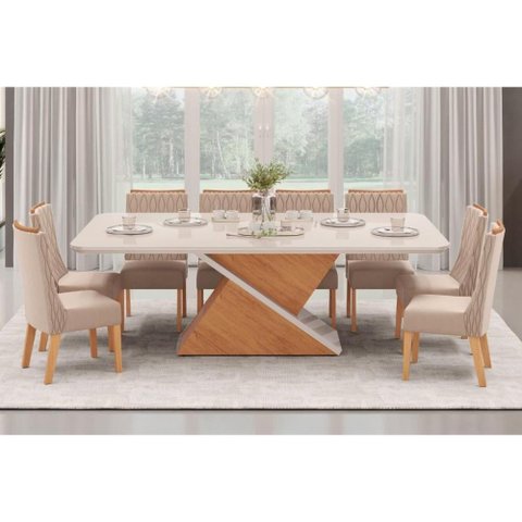 Sala de Jantar Completa Zafira Tampo Madeirado C/ Vidro Curvo 200x100cm e 8 Cadeiras Jade Off White