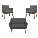 Ver imagem 1 de Kit Namoradeira + 2 Poltronas Decorativa Cecília Suede Cinza Pés Madeira Ms Decor
