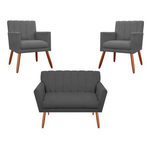 Kit Namoradeira + 2 Poltronas Decorativa Cecília Suede Cinza Pés Madeira Ms Decor