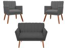 Ver imagem 1 de Kit Namoradeira + 2 Poltronas Decorativa Cecília Suede Cinza Pés Madeira Ms Decor