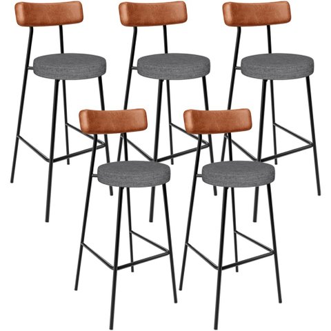 Kit 05 Banquetas Altas Cozinha Sala Jantar Aço Milão L02 Couríssimo Camel Cinza Escuro - Lyam Decor