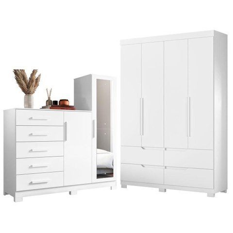 Guarda Roupa Solteiro com Cômoda Doble 4 Portas de Bater 9 Gavetas MDP Fosco Branco Freijó