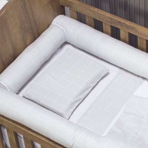 Kit Protetor de Berço 100% Algodão Percal 200 Fios Rolinho Moderninhos 08 Peças:grid Cinza
