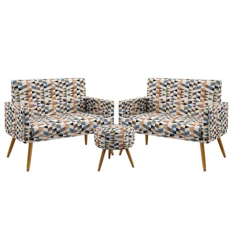 Kit 2 Poltronas Namoradeira Vega com Rodapé e Puff Solar Suede Estampado Laranja Aradecor