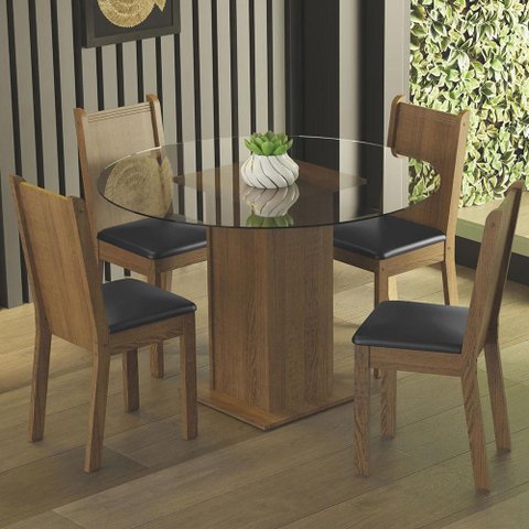 Conjunto Sala de Jantar Madesa Débora Mesa Tampo de Vidro Redondo 4 Cadeiras - Rustic/preto