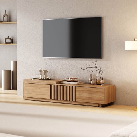 Rack Extensível Ripado TV 60 Polegadas Planejado 220cm Aruá CabeCasa MadeiraOriginals Marrom Jatobá