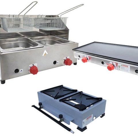 Kit Lanchonete Fogão Portátil 2 Bocas + Chapa 90cm e Fritadeira Profissional 2 Cubas Alcamar