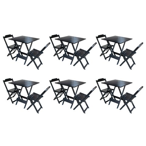 Kit 6 Conjuntos de Mesa Dobrável com 2 Cadeiras de Madeira 70x70 - Preto