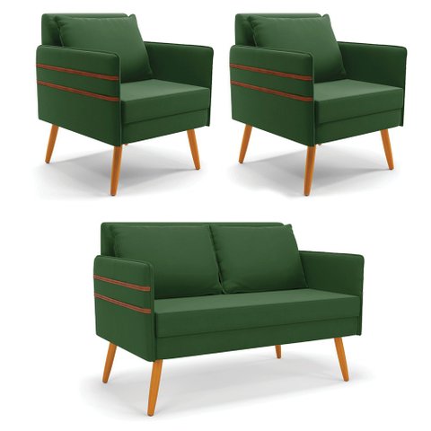 Kit 01 Namoradeira 02 Lugares e 02 Poltronas Mari Suede Pés Palito Castanho - D’RossiVerde