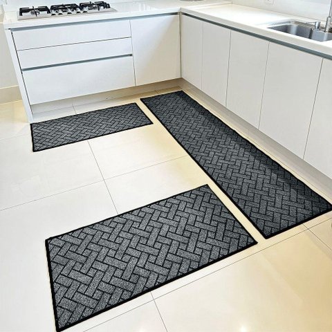 Tapete Carpete Passadeira Cozinha Trama Jogo 3 Peças Cinza