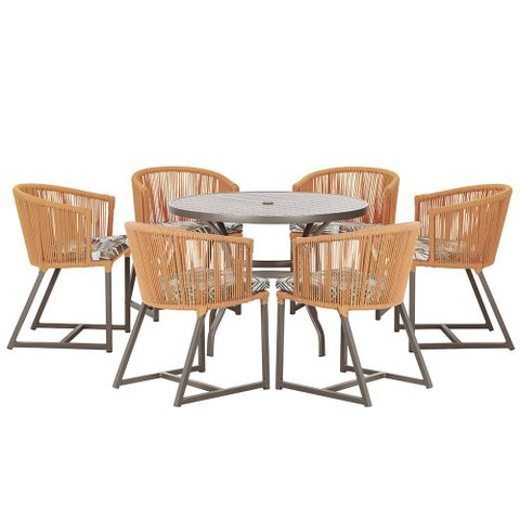 Mesa com 6 Cadeiras de Jantar Roma 120cm e Noronha em Alumínio Marrom Corda Náutica Estofado 6 Trama