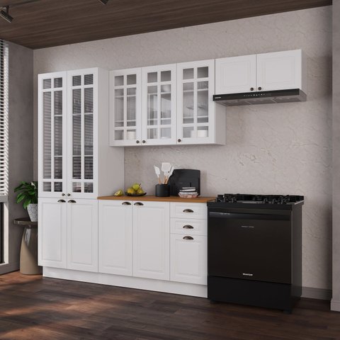 Cozinha Modulada 4 Peças Cristaleira Balcão com Tampo 2 Aéreos 100% MDF com Rodapé Bari