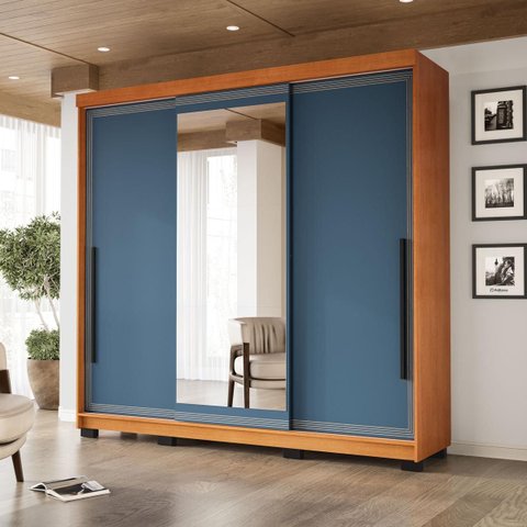 Roupeiro Valência 3 Portas Correr com Espelho 217x213cm Freijó/Azul 240854