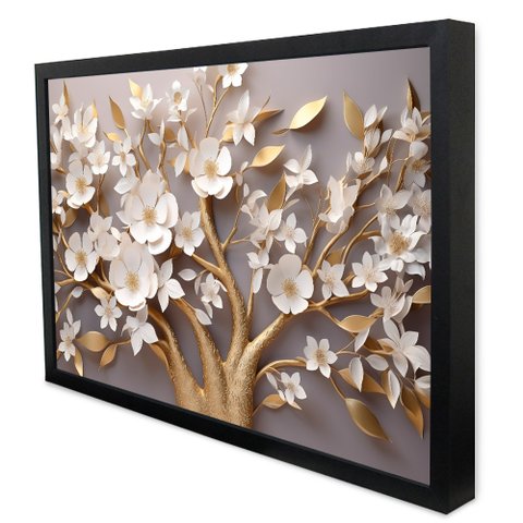 Quadro Decorativo Floral Luxo Árvore da Paz em Moldura Caixa Tacolado Moldura Caixa 3cm Preta com Vi