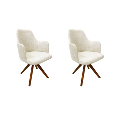 Conjunto 2 Cadeiras Jantar Saarinen com Braço Tecido Linho madeira giratória nobre maciça Poltronas 