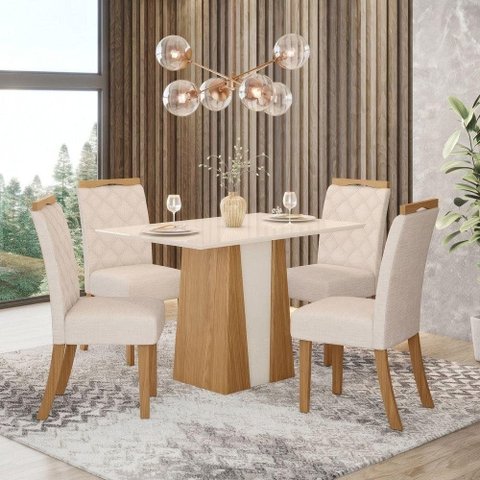 Conjunto Sala de Jantar Layla Style 4 Lugares Tampo MDF Cadeiras Estofadas Off White 120cm Casa 812