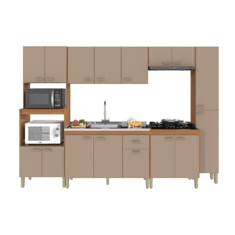 Cozinha Completa Modulada Mariana 16 Portas 1 Gaveta 285cm Freijó Camurça Fidelita Móveis