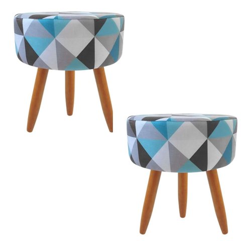 Combo 2 Puffs decorativos redondo pé palito-tecido triangûlo azul