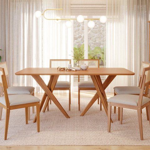 Conjunto Sala de Jantar Mesa 6 Cadeiras MDF Madeira Maciça 180cm Cacau Palmas Marrom
