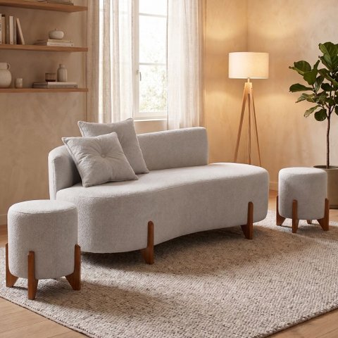 Conjunto Sofá Curvo Orgânico + 02 Puff Luna Boucle Cinza Claro - Montanaris Decor