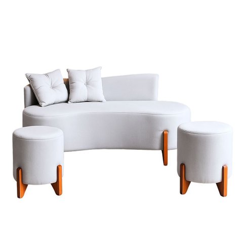 Conjunto Sofá Curvo Orgânico + 02 Puff Luna Boucle Cinza Claro - Montanaris Decor