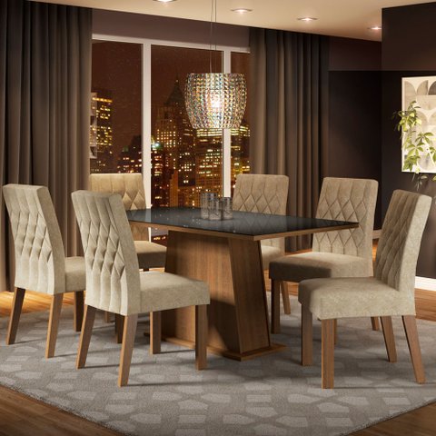 Conjunto Sala de Jantar Madesa Rafaela Mesa Tampo de Vidro com 6 Cadeiras Rustic/Preto/Imperial Cor: