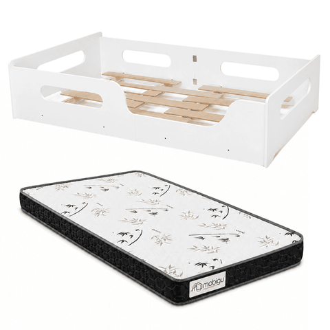 Cama Montessori Solteiro Infantil 100% MDF com Colchão 10cm e Grade Proteção - Branco