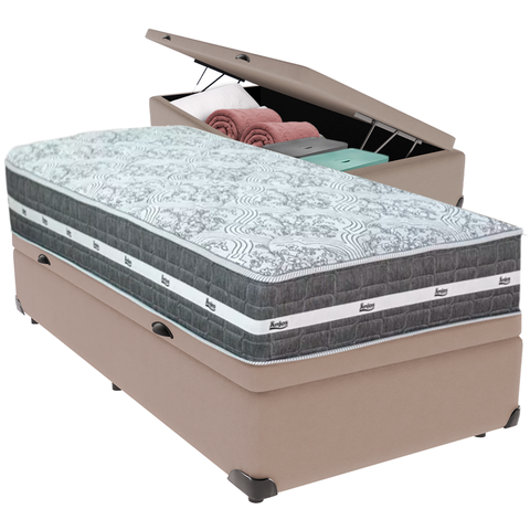 Cama Box Baú Bege e Colchão Black Graphite Molas Ensacadas Solteiro 88x188x32 Anjos