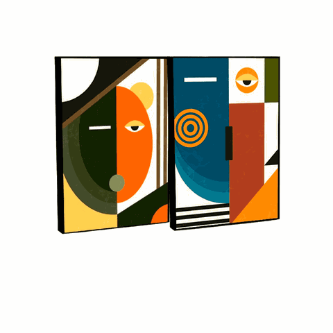 Quadro Decorativo Cubismo Abstrato em 2 Telas com Moldura Filete