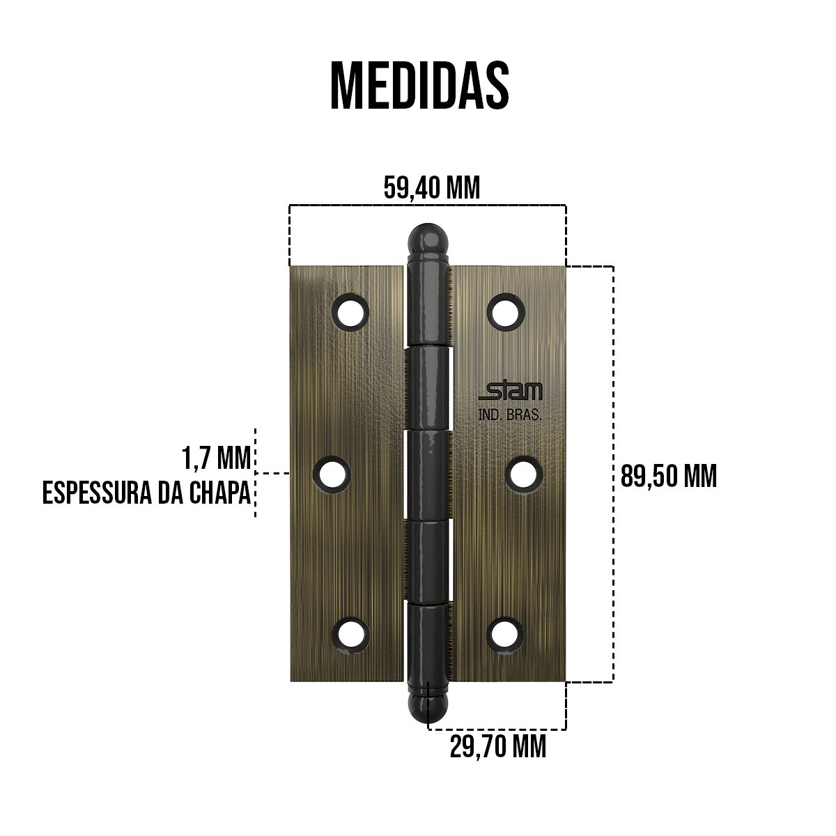 Dobradiça para Porta de Madeira Kit 3 Unidades Stam Antique Dobradica 3 1/2" X 2 5/16" X 1,7 Mm Ant - 2