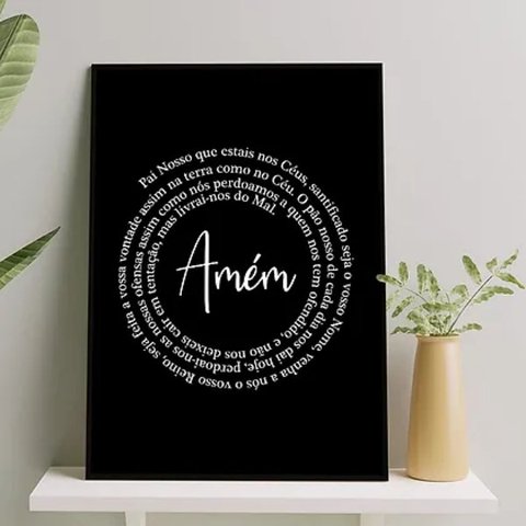 Quadro Oração Pai Nosso Espiral - Preto e Branco 33x24cm - com Vidro:madeira Branca