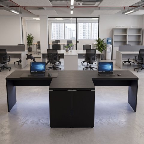 Mesa L Escritório 2 Lugares 3,00m X 1,50m Pés Painel F5 Cor:preto