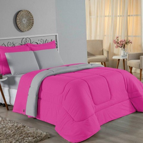 Edredom Solteiro Nobre 1 Peça Dupla Face 1,60m X 2,40m Malha 100% Algodão - Pink / Cinza