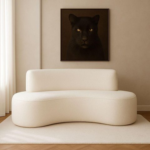 Sofá Curvo Apolo 3 Lugares 230cm Off White Bouclé Moderno Estrutura Madeira Eucalipto Sallar