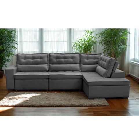 Sofá de Canto Retrátil e Reclinável com Molas 3,00x2,00 Viena Suede Cinza Mirra Decor
