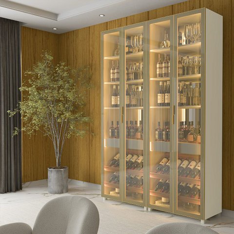 Cristaleira Bar Adega Prisma 4 Portas Reflecta LED Off White Dourado - Gelius