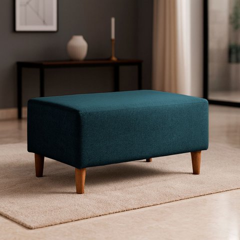 Puff Sala Damon Multiuso Linho Azul Pés Palito Castanho