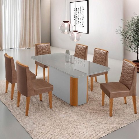 Mesa de Jantar Isadora 180cm Tampo Mdf Vidro com 6 Cadeiras Tork Naturale Serigrafia Off White