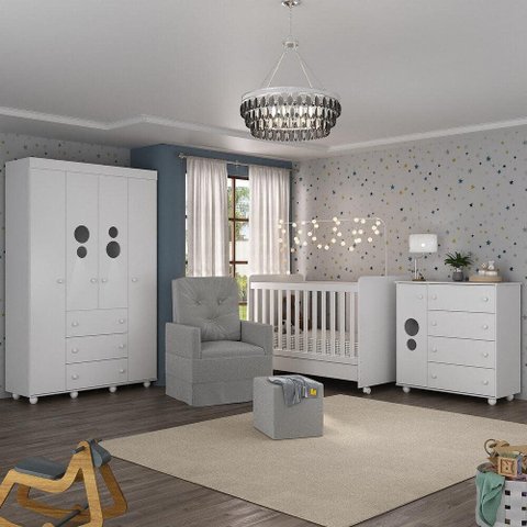 Quarto Completo com Poltrona de Amamentação e Puff Pimpolho Multimóveis Mp4079 Branco/cinza