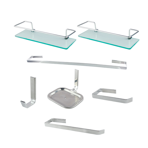 Kit Acessórios para Banheiro Quadrado Aço Inox 5 Peças + 2 Porta Shampoo Vidro Retangular Cód. 1884
