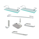 Ver imagem 1 de Kit Acessórios para Banheiro Quadrado Aço Inox 5 Peças + 2 Porta Shampoo Vidro Retangular Cód. 1884