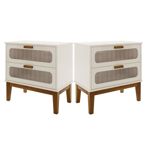 2 Mesa de Cabeceira para Quarto Estilo Retro Classico Pes de Madeira 2 Gavetas C/ Telinha 60cm Off